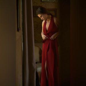 Anthropology Red Satin Wrap Maxi Dress